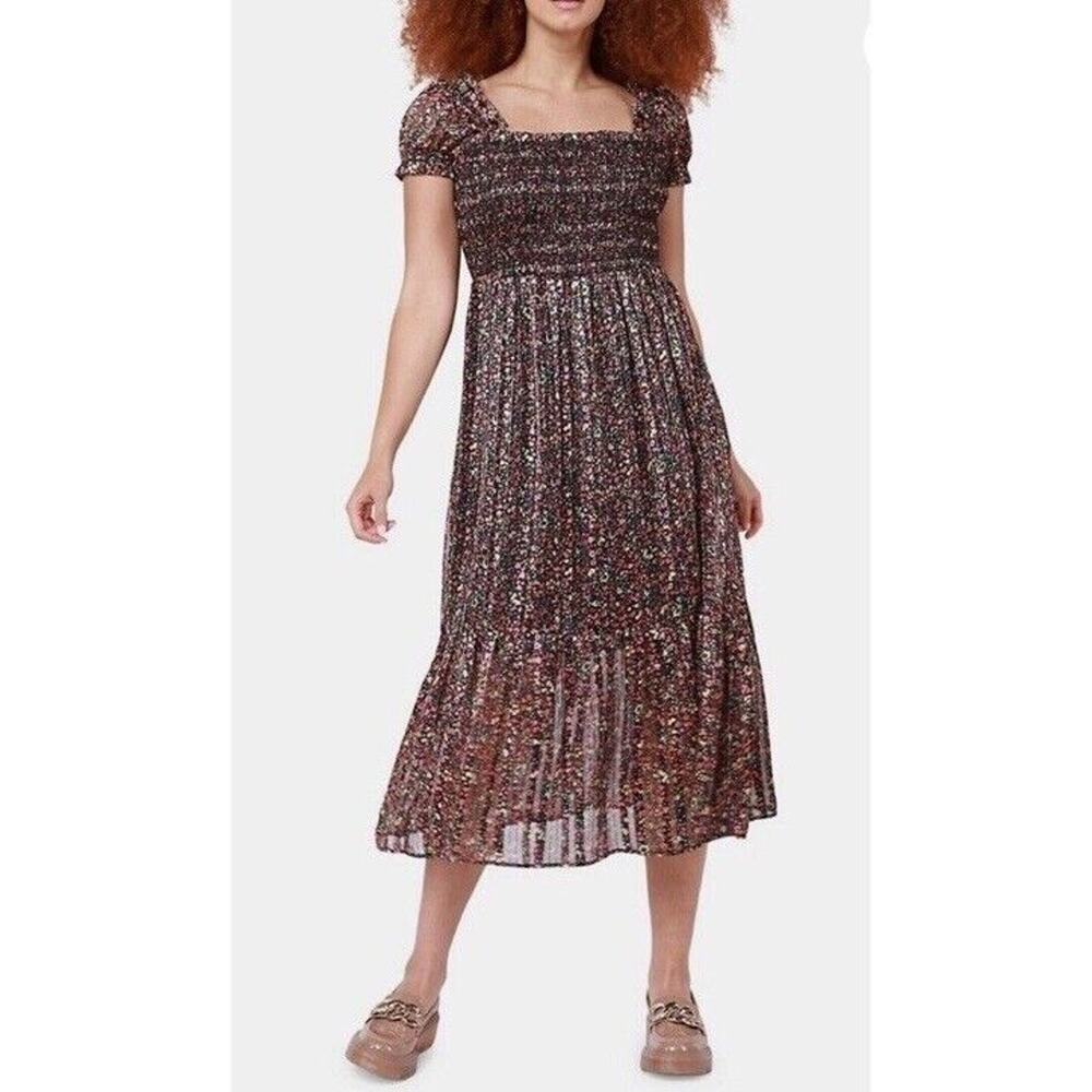 Dex Dress Floral Midi Size XL Smocked Square Neck Ruffled Party Dance NWT